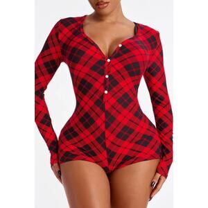 Women’s Plaid PJ Romper – Red/Black Long Sleeve , Soft Stretch Sleepwear